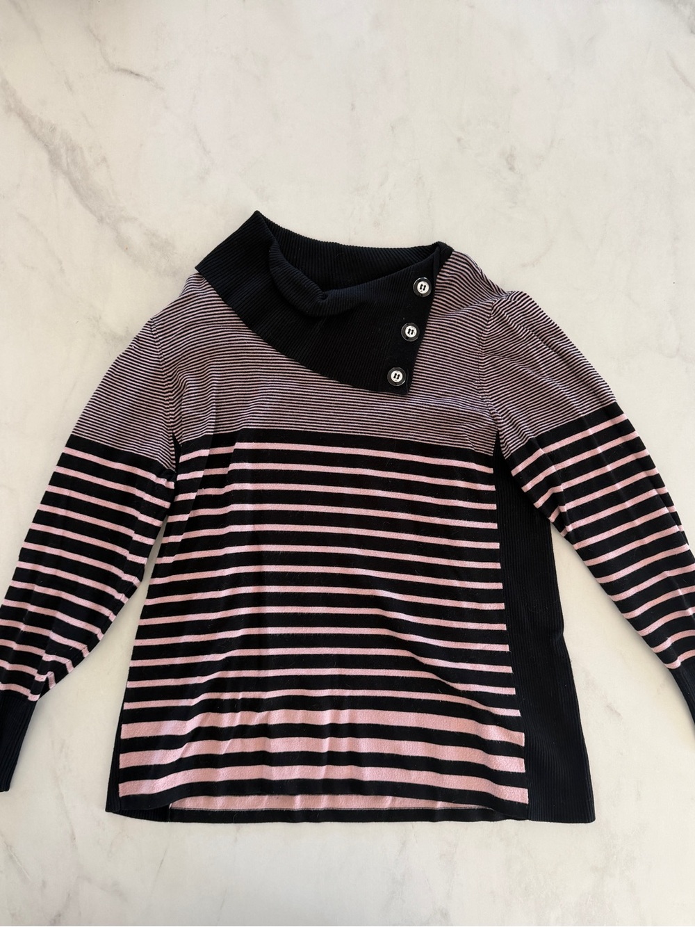 Striped Black and Pink Button-Shoulder Women’s Sweater